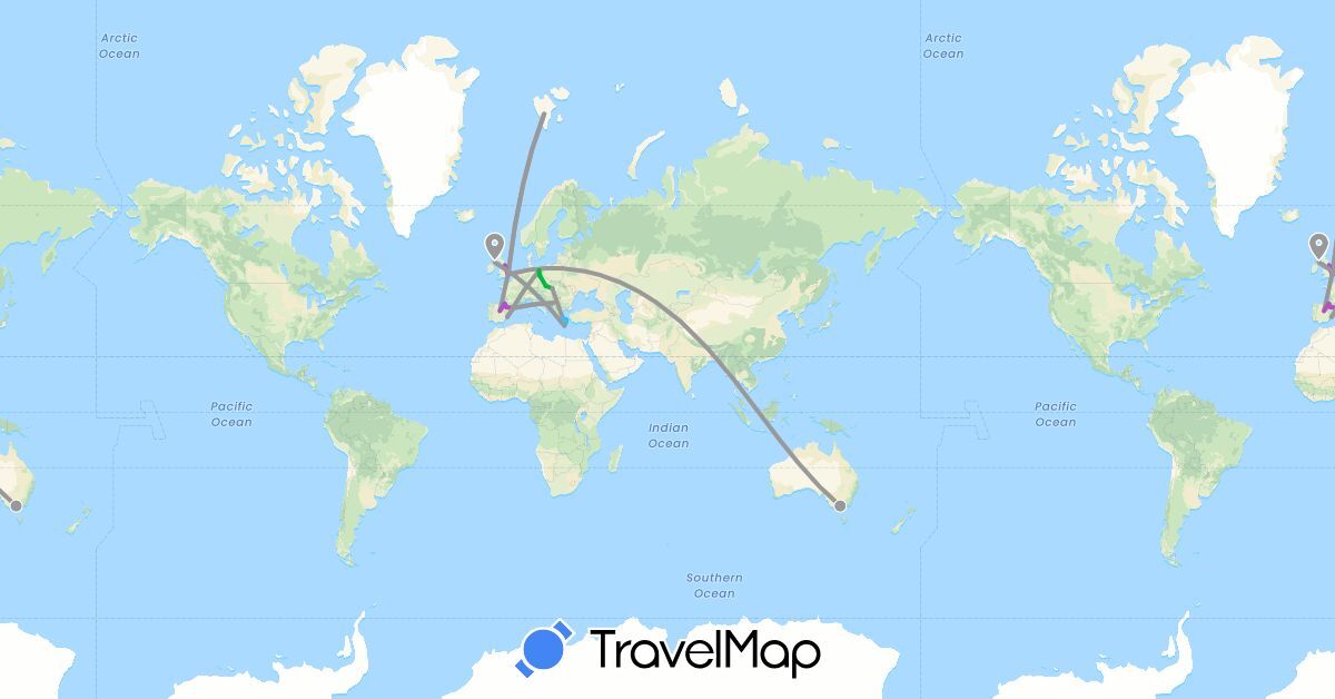TravelMap itinerary: driving, bus, plane, train, boat in Austria, Australia, Germany, Spain, United Kingdom, Greece, Hungary, Montenegro, Norway (Europe, Oceania)